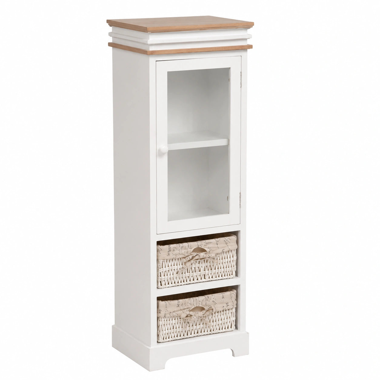 Vitrine Blanche avec Rangement, Porte et Tiroirs en Bois et Osier, Style Shabby pour Maison