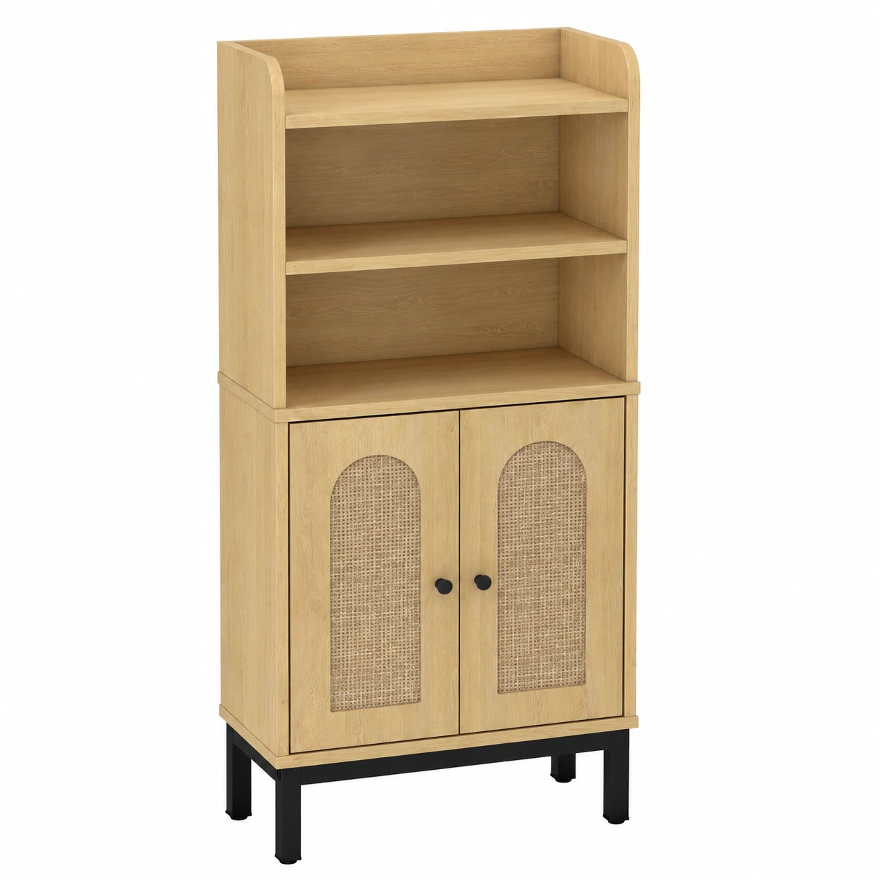 Meuble de Rangement Salle de Bain, 2 Portes, Compartiment Ouvert, Étagères Réglables, Chêne Clair