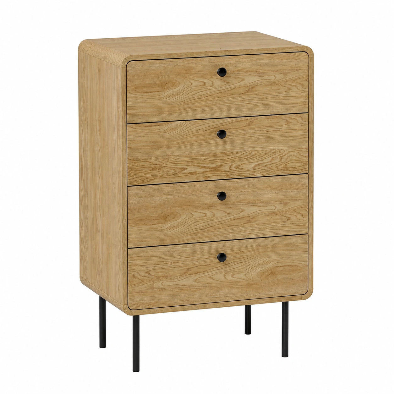 Commode étroite 4 tiroirs moderne avec pieds en acier, poignées en bois
