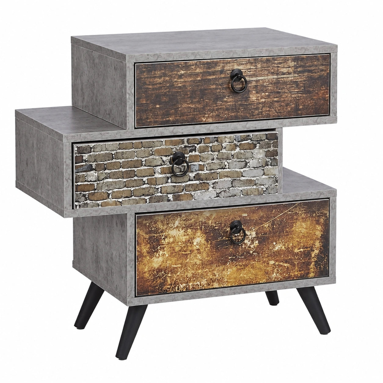 Commode vintage industrielle avec 3 tiroirs en béton, étagère gris