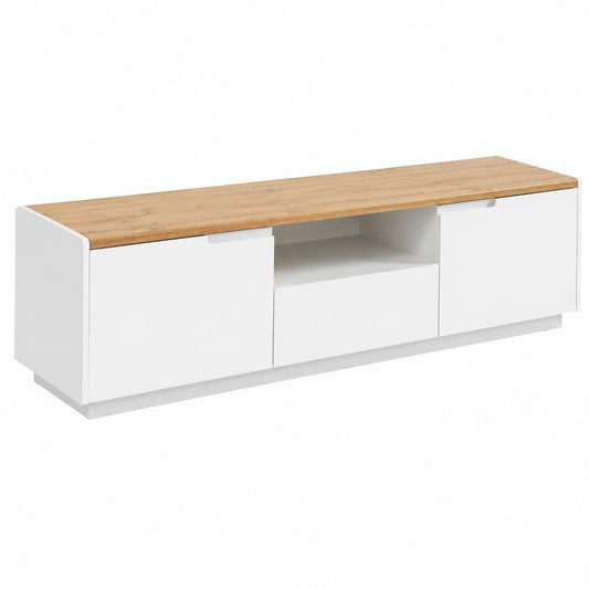 Meuble TV moderne avec portes et tiroir, blanc et chêne