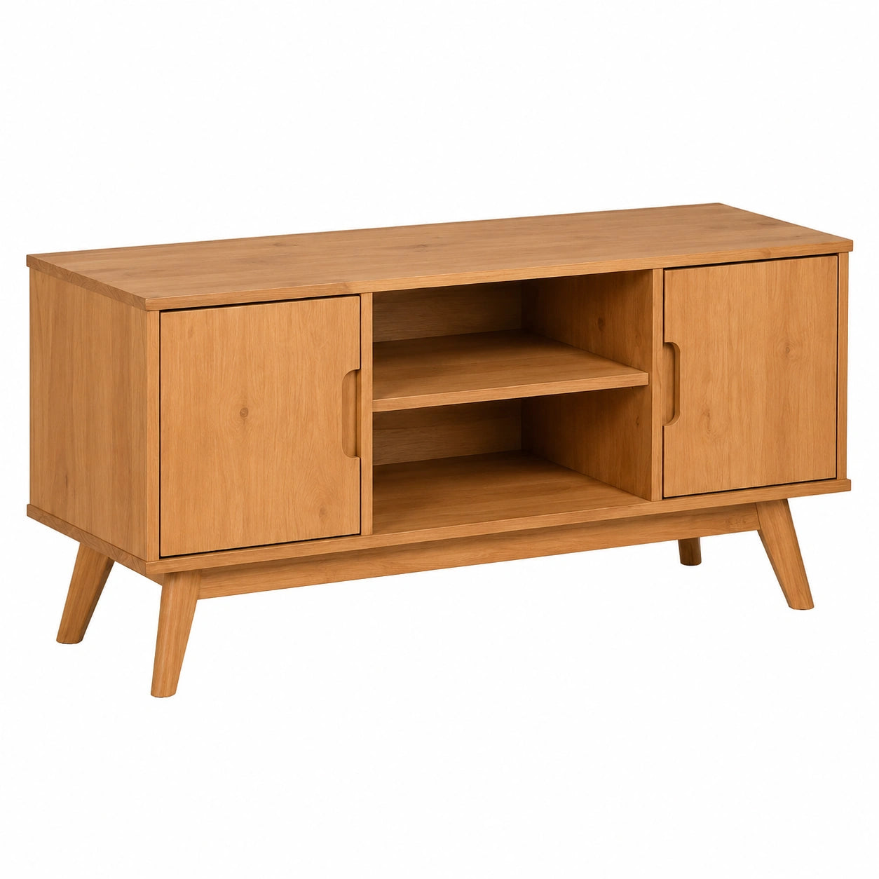 Meuble TV Scandinave L 114 cm avec Portes et Niches, Design Vintage en Bois Laqué