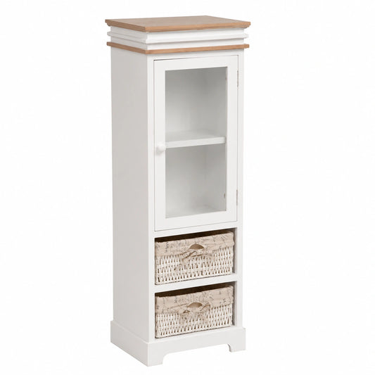 Vitrine Blanche avec Rangement, Porte et Tiroirs en Bois et Osier, Style Shabby pour Maison