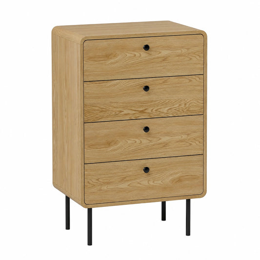 Commode étroite 4 tiroirs moderne avec pieds en acier, poignées en bois