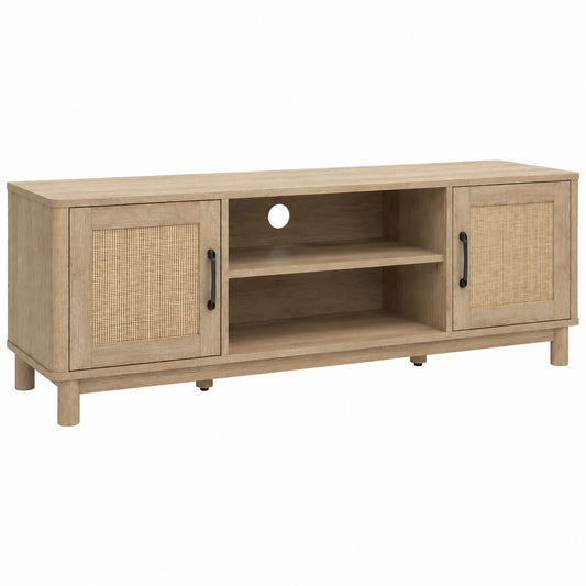 Meuble TV 135 cm avec Portes en Rotin et Compartiments Ouverts, Style Bohème