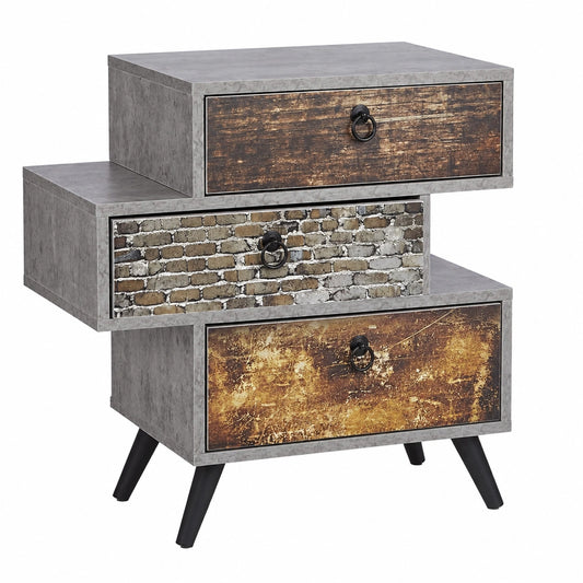 Commode vintage industrielle avec 3 tiroirs en béton, étagère gris