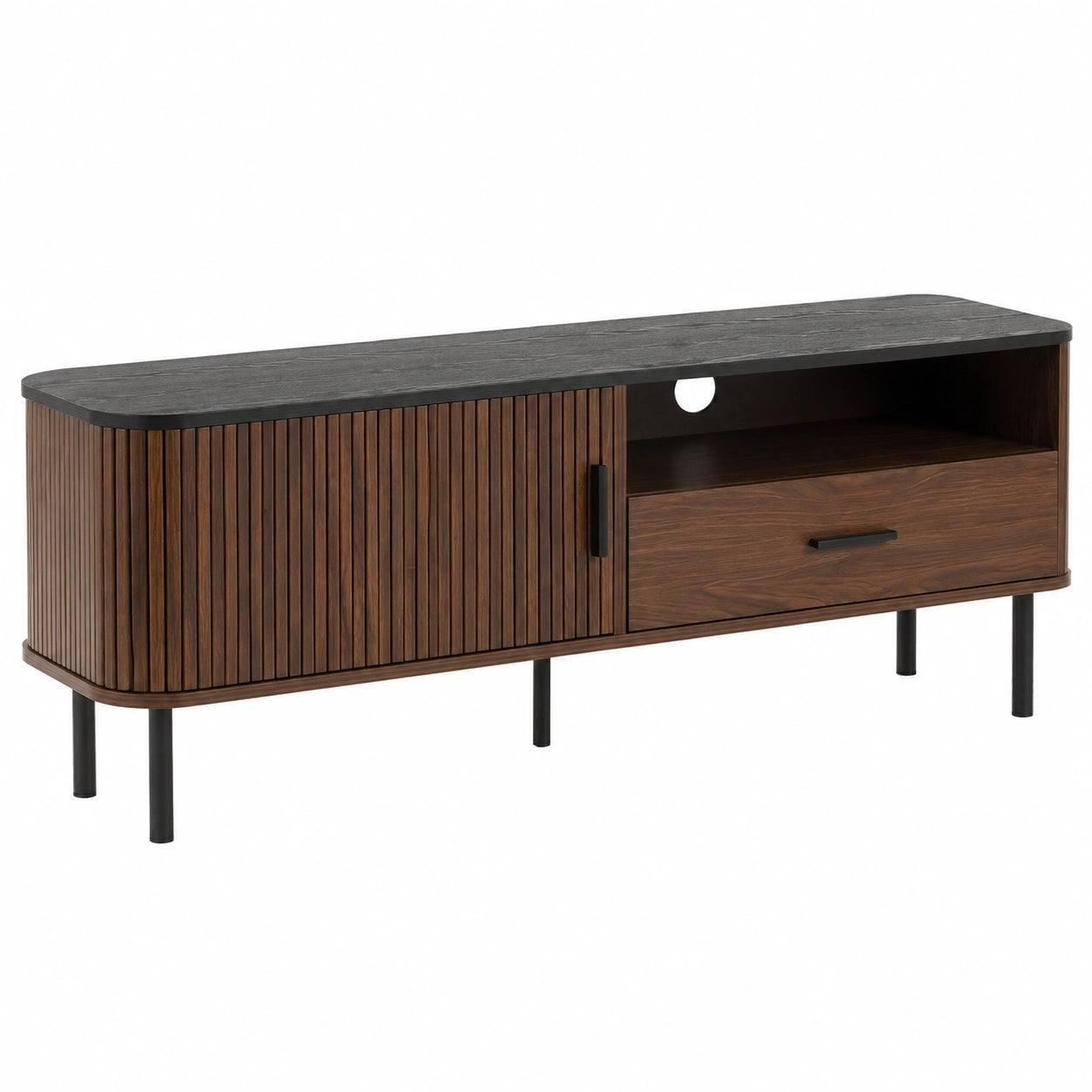 Buffet TV en Bois Foncé avec Tiroir et Rideau Coulissant Style Vintage pour Salon