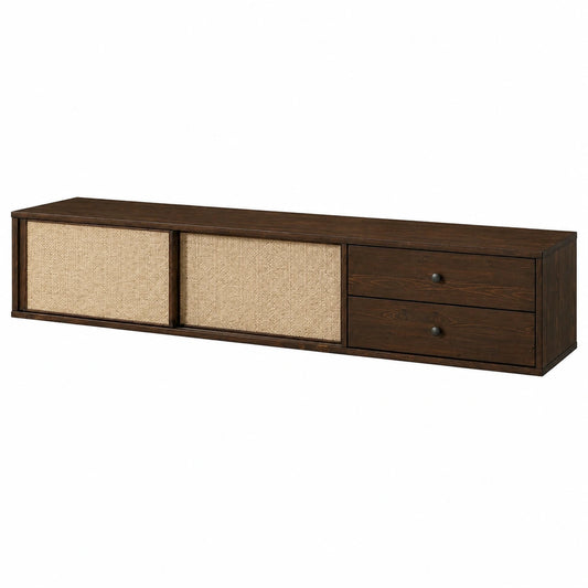Meuble TV suspendu 175 cm avec tiroirs et portes en rotin, bois massif couleur noyer